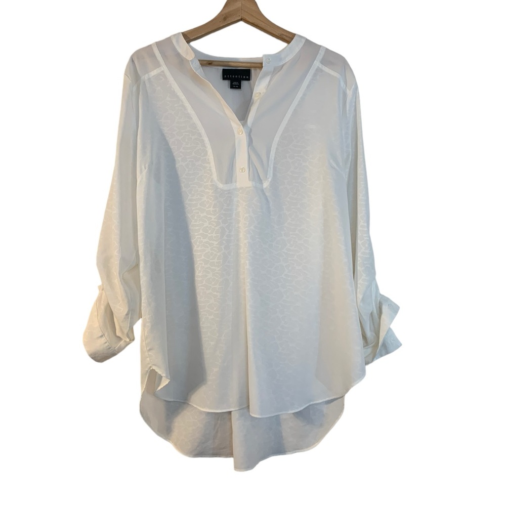 Attention Sheer White with Leopard Print Pull Over Blouse Button Fold Size XL
